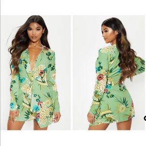 Sage Green Floral Wrap Dress by PrettyLittleThing